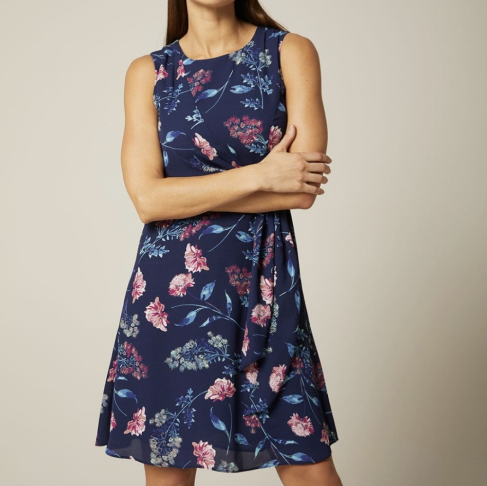 RW&CO Navy Blue Floral Knee Length Dress With Tie Accent